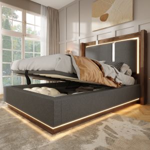 Cama estofada 90x200cm com LED e arrumação linho madeira – cinzento