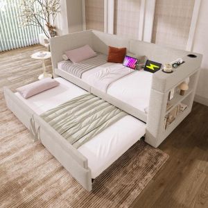 Cama 90x200cm em linho e aLGodão com cama extra, usb, type-c, bege