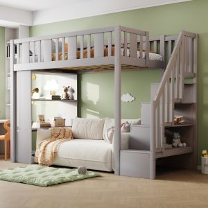 Cama elevada 90x200cm com escada e arrumação madeira cinzento