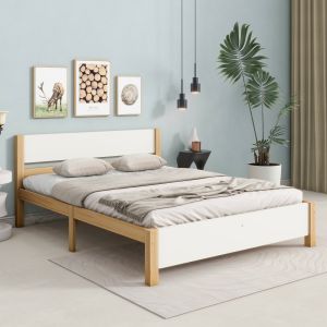 Cama de casal 140x200cm com estrutura em madeira e mdf cor branco e natural
