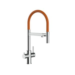 Torneira de cozinha 5 vias aço inoxidável chuveiro 2 jatos, polido/laranja