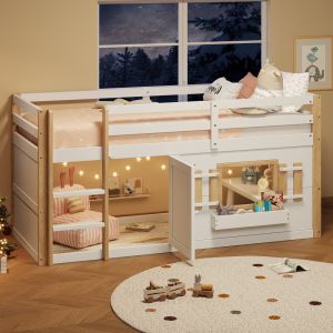 Cama beliche infantil 90x200cm com escada e zona de brincar madeira branco