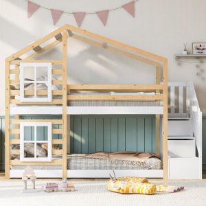Beliche 90x200cm casinha, escada com arrumação, branco/madeira natural