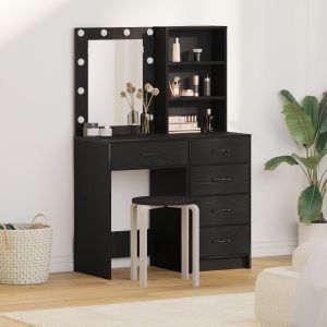 Conjunto de mesa de maquiagem de 2 peças com LED em madeira pretas wf586490