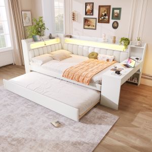 Cama estofada 140x200cm com LED usb, cama auxiliar e secretária mdf branca