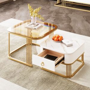 Mesa de centro modular com 2 peças branca e dourada 60x60x44,5cm