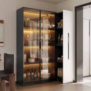 Armário vitrine LED estante deslizante mdf vidro 110,5x35x160cm