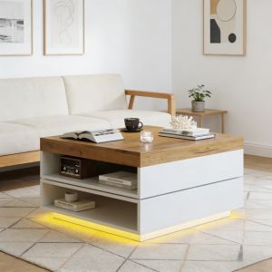 Mesa de centro giratória com LED mdf branco carvalho 40x65x65cm