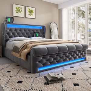 Cama estofada 140x200cm com colchão e arrumação veludo cinzento