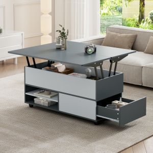 Mesa de centro elevatória com arrumação cinza branco 65x100x98cm