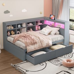 Sofá cama 90x200cm com arrumação LED usb madeira – cinzento