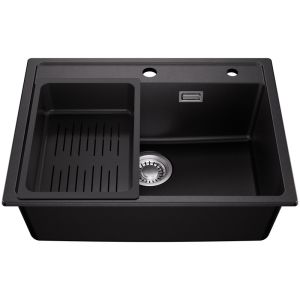 Pia de cozinha preta com cesto - 60 x 46 cm - pia de um tanque para armário