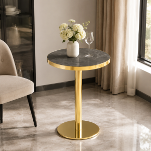 Mesa auxiliar redonda mármore cinza dourado 73,5x71x24cm