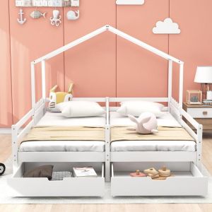 Cama infantil 90x200cm, pinho maciço, 2 gavetas com rodas, branca