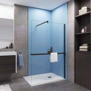 Painel de duche fixo com prateleira-140x200cm-vidro 8mm-barra 140cm-preto