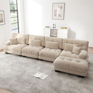 Sofá modular em l em chenille castanho claro 4 lugares com otomana