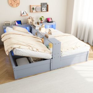 Sofá cama 90 180 x 200 cm com arrumação LED e tomada madeira mdf cinzento
