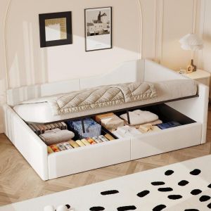 Sofá-cama 140x200cm com arrumação, madeira e estrado de ripas, bege
