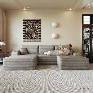Sofá modular em l com chaise longue em veludo cotelê camel 270 cm