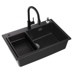 Pia de cozinha em granito 70x45cm com dispensador de sabão, cesto escorredo