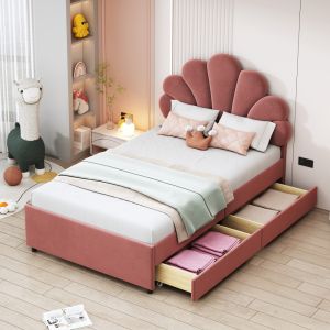 Cama estofada 90x200cm com arrumação veludo – rosa