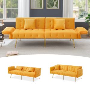 Sofá cama 2 lugares em veludo amarelo com encosto e braços ajustáveis