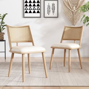 Conjunto de 2 cadeiras de jantar em rattan com assento em pu bege