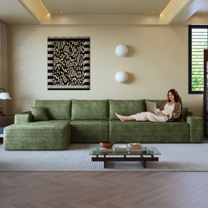 Sofá de canto modular em l em veludo cotelê verde 3 lugares