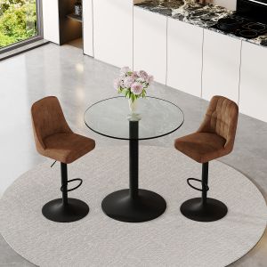 Conjunto mesa de bar vidro e 2 bancos giratórios castanhos estrutura preta