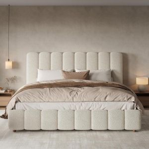 Cama estofada 180x200cm bouclé com arrumação hidráulica, branca