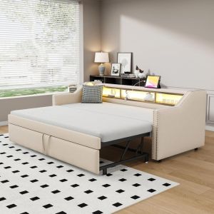 Sofá-cama ninho 90x190cm, extensível 180cm, com arrumação lateral,bege