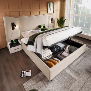 Cama com arrumação 160x200 cm bege, luz de leitura e usb c