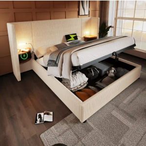Cama estofada 160x200cm com arrumação luz leitura carregamento cotelê bege