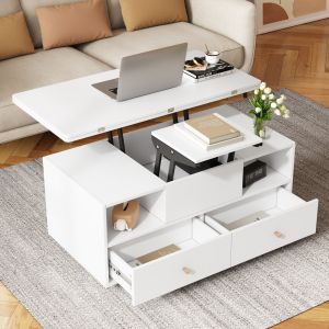 Mesa de centro elevatória com 4 gavetas branco 47,5x100x50cm