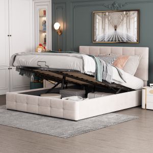 Cama estofada 140x200cm com arrumação hidráulica veludo – branco creme