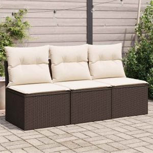 Sofá de jardim com almofadões 3 lugares vime pe castanho