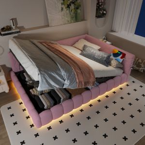 Sofá cama 140x200cm com arrumação LED e usb veludo – rosa