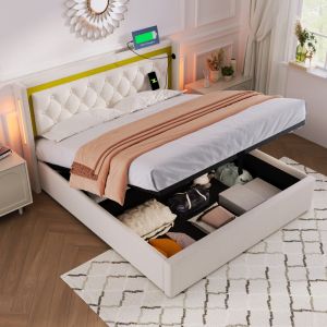 Cama estofada 140x200cm com arrumação LED usb e tipo c aLGodão – bege