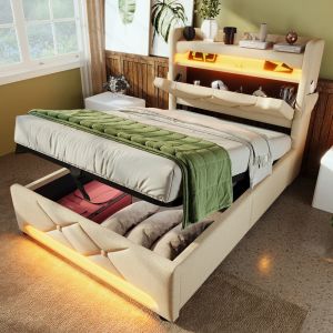 Cama estofada 90x200cm com arrumação LED e carregamento linho – bege
