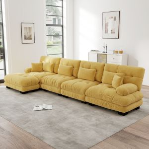 Sofá modular em l em chenille amarelo 4 lugares com otomana móvel
