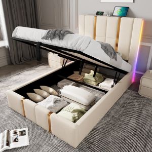 Cama estofada 90x200cm com arrumação LED e carregamento linho bege