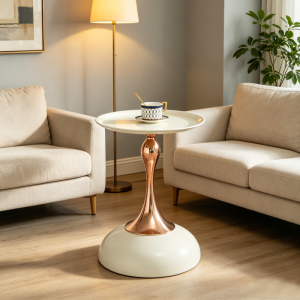 Mesa auxiliar redonda compacta aço branco dourado 38cm