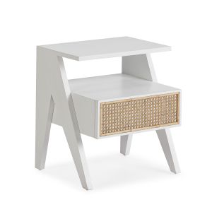 Mesa de cabeceira 45x38x49 em madeira branca com detalhes em rattan natural