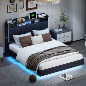 Cama estofada 140x200cm com LED usb e arrumação linho – cinzento