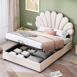 Cama estofada 140x200cm com arrumação hidráulica veludo – bege