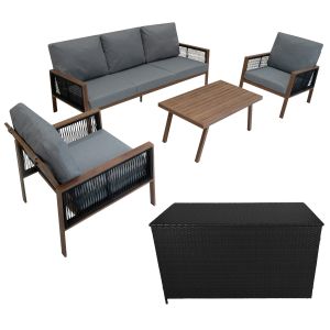 Conjunto de alumínio 5 lugares efeito madeira + caixa em rattan preto
