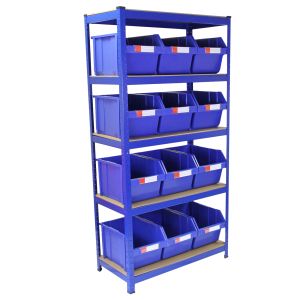 Estante azul com 12 organizadores de armazenamento empilháveis