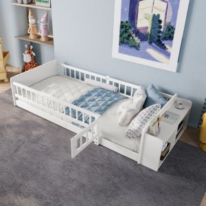 Cama infantil 90x200cm com arrumação e porta de proteção pinheiro branco