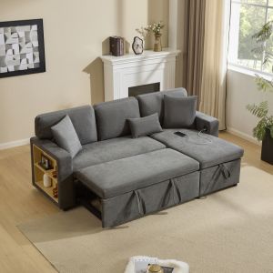 Sofá-cama de canto em l com chaise longue arrumação 4 lugares cinzento