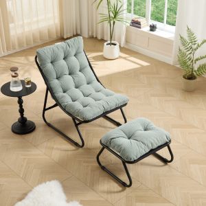Cadeira lounge exterior com pufe, 65x78x86cm, aço, verde claro